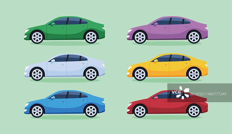 矢量扁平风多种颜色的汽车插画，普通轿车出租车。图片素材