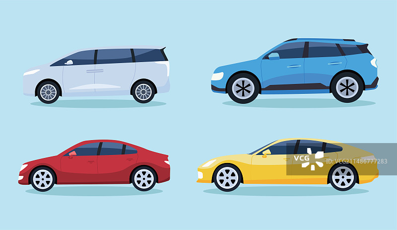 矢量扁平风多种颜色的汽车插画,保姆车家用车豪华轿车越野车SUV普通轿车。图片素材