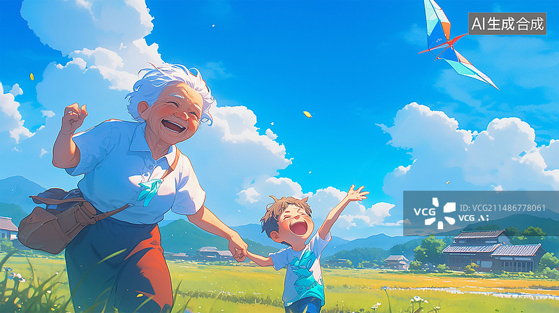 【AI数字艺术】老年人和孙子小孩玩耍家庭生活场景插画图片素材