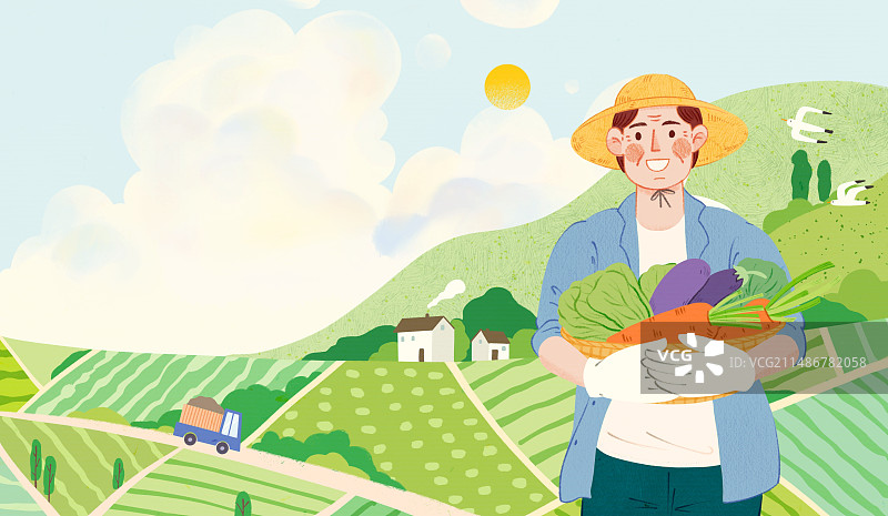 乡村振兴-手绘卡通清新乡下农田农业电商助农插画图片素材