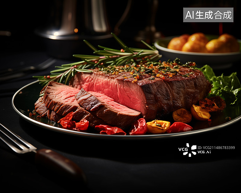 【AI数字艺术】黑色餐盘里放在烤牛排图片素材