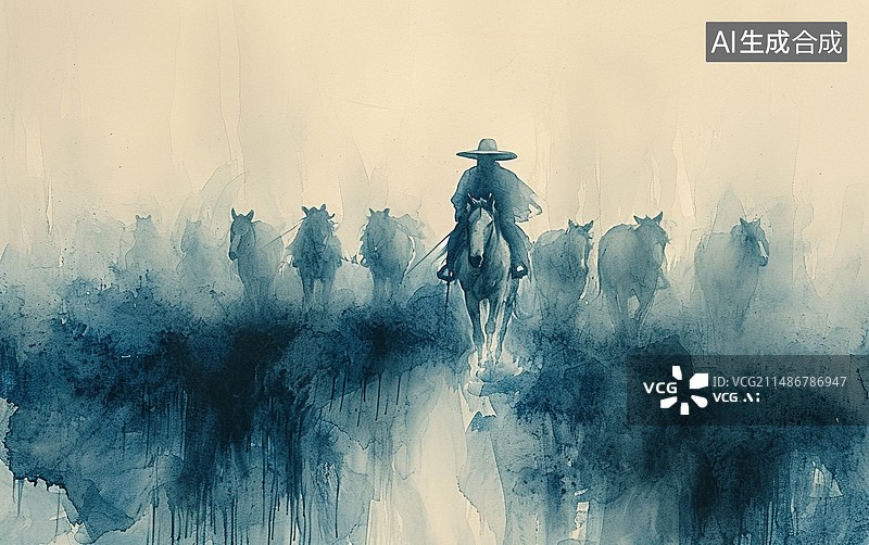 【AI数字艺术】插图牧马人正在驱赶马匹牧马图片素材