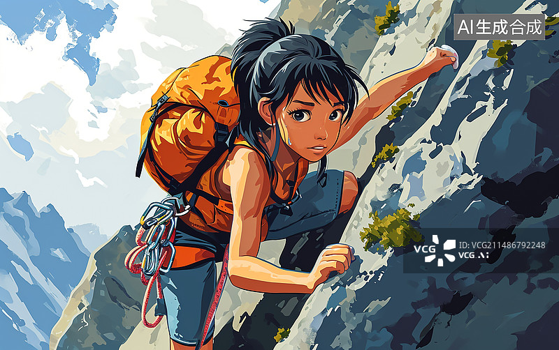【AI数字艺术】一个女生正在攀岩登山卡通插画图片素材