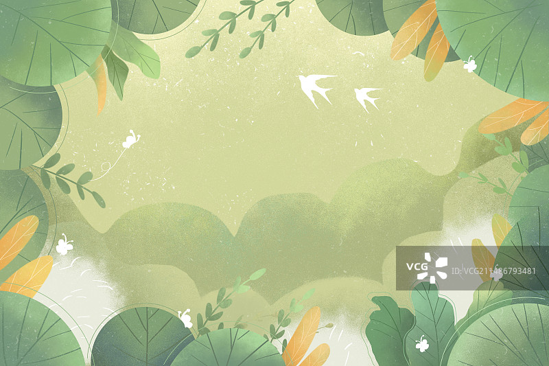 青色春天植物背景手绘插画图片素材