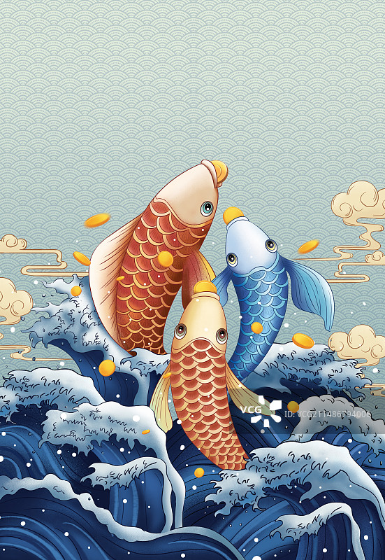 传统中国风荷花锦鲤手绘插画图片素材