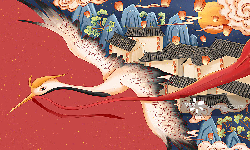 万家灯火新年快乐仙鹤插画图片素材