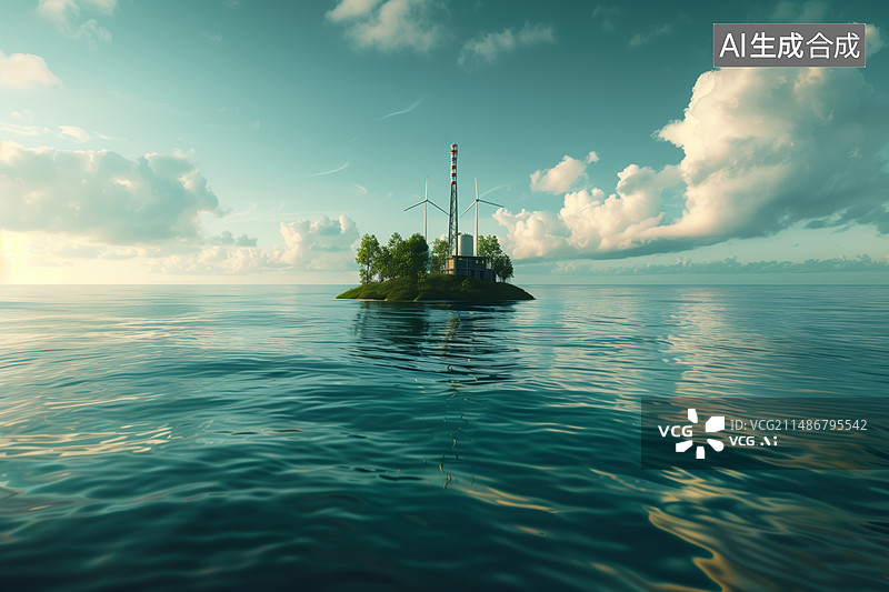 【AI数字艺术】海岛上的风力发电站图片素材