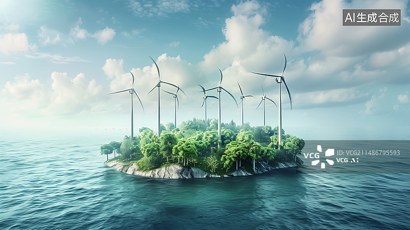 【AI数字艺术】海岛上的风力发电站图片素材