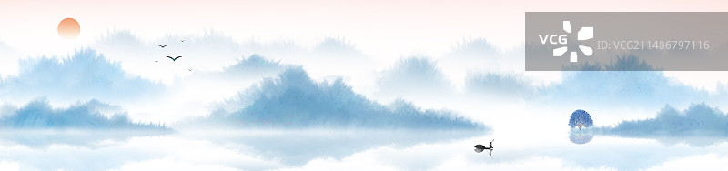 中国风蓝色意境山水画图片素材