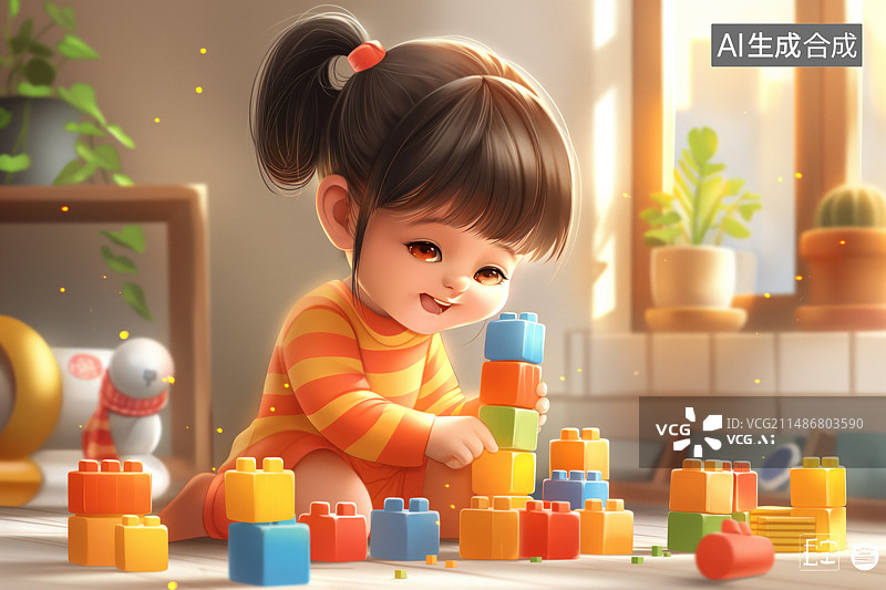 【AI数字艺术】一个在客厅玩积木的小女孩图片素材