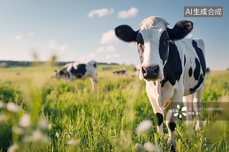 【AI数字艺术】草原上一头吃草的奶牛特写图片素材