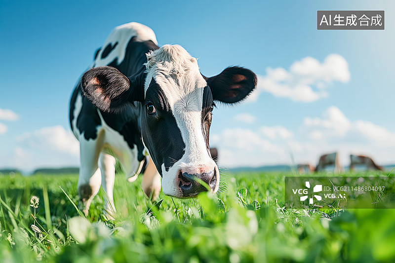 【AI数字艺术】草原上一头吃草的奶牛特写图片素材
