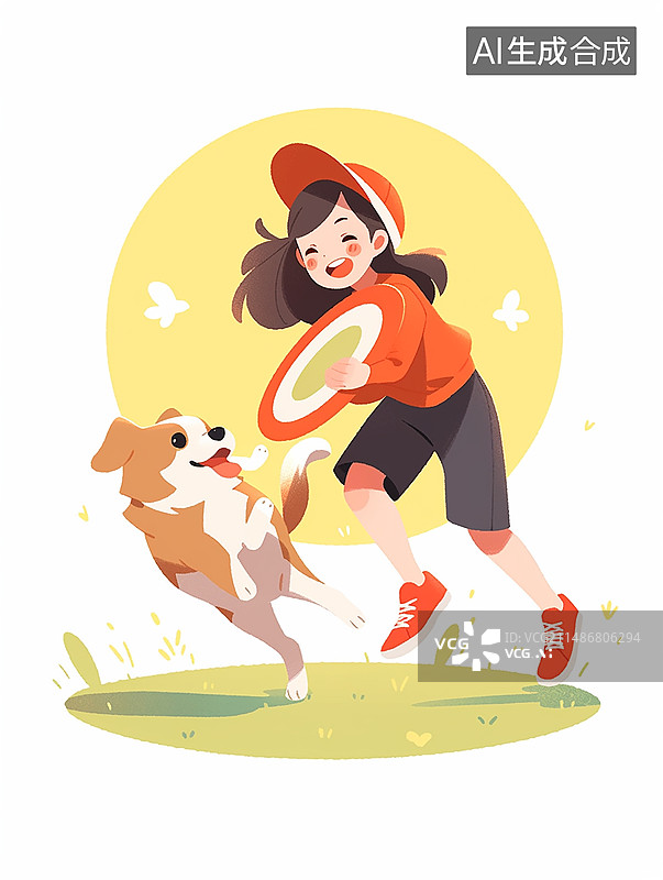 【AI数字艺术】女孩和狗狗玩飞盘游戏扁平风插画图片素材
