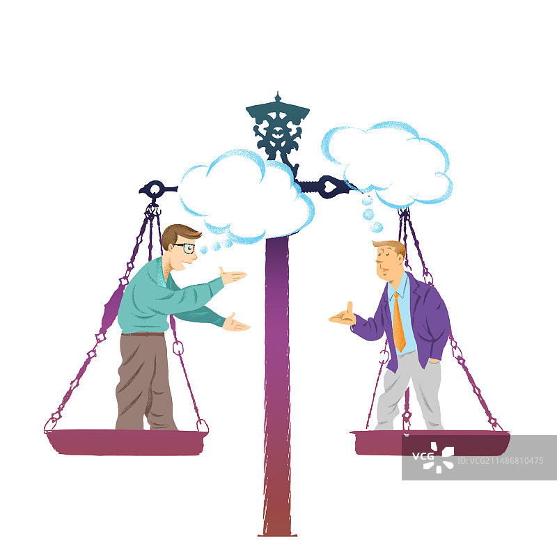 两个人在天平的两端展开激烈讨论图片素材
