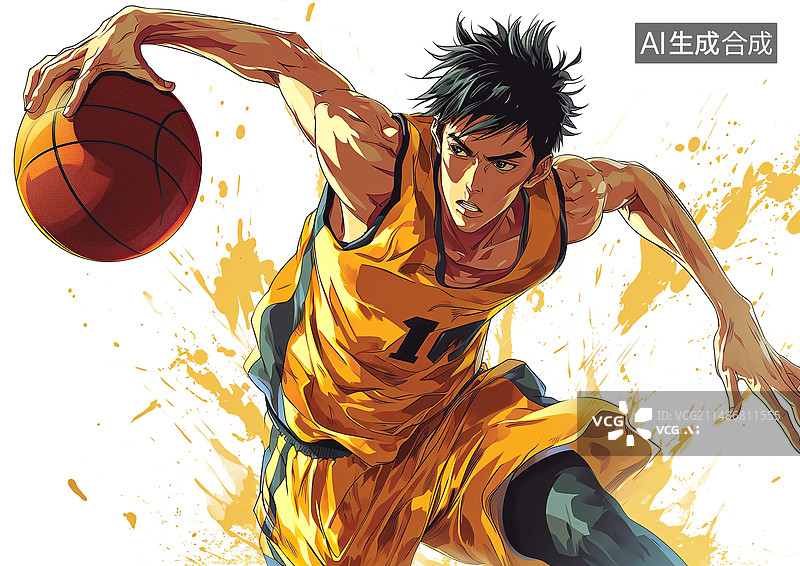【AI数字艺术】一个卡通男运动员正在打篮球图片素材