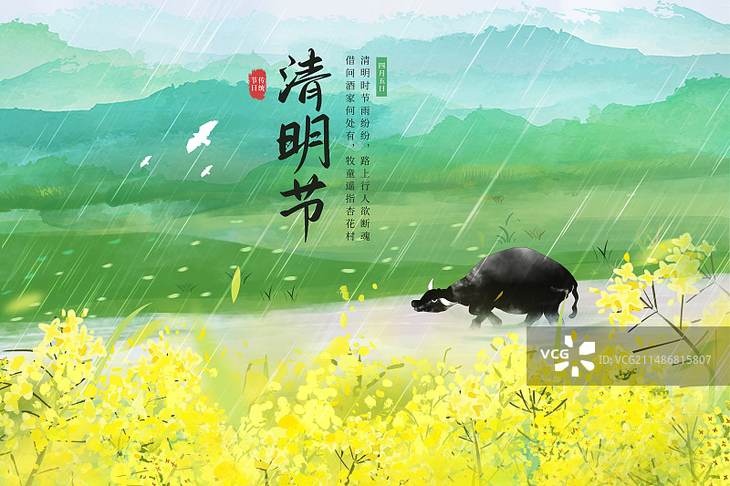 中国风插画海报模版-下雨天时小河里的水牛 路边的油菜花和山水风景小清新插画 横版图片素材
