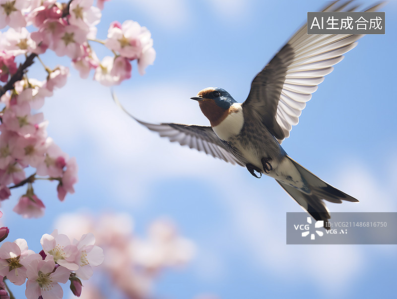 【AI数字艺术】春天燕子在樱花间飞舞图片素材