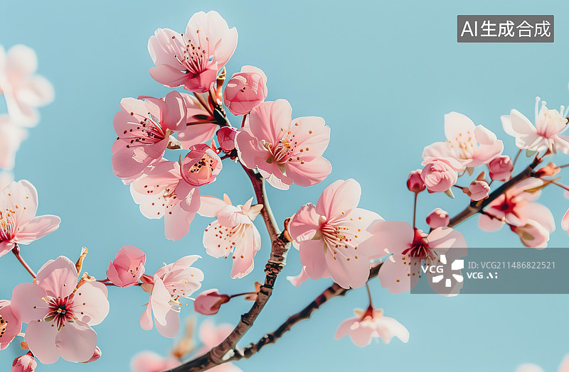 【AI数字艺术】粉红色樱花在天空中的低角度视图图片素材