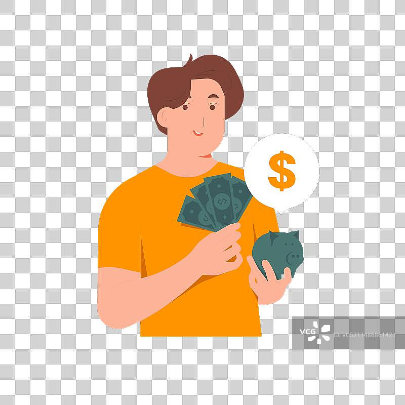男人将钱放入储蓄罐，金融理财图片素材