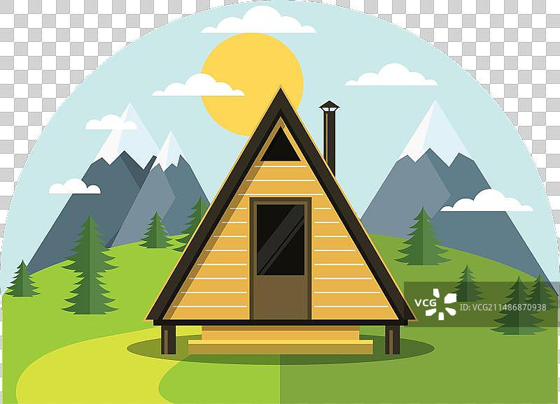 山中假日：草坪上的A字形房屋图片素材