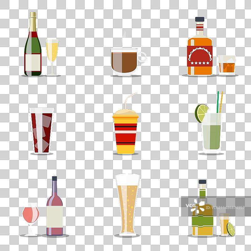 饮料扁平图标酒精和啤酒葡萄酒瓶图片素材