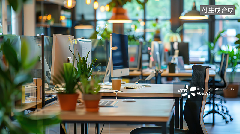 【AI数字艺术】办公室办公桌上的笔记本电脑特写镜头图片素材
