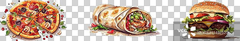 扁平风格的披萨汉堡和墨西哥卷饼图片素材