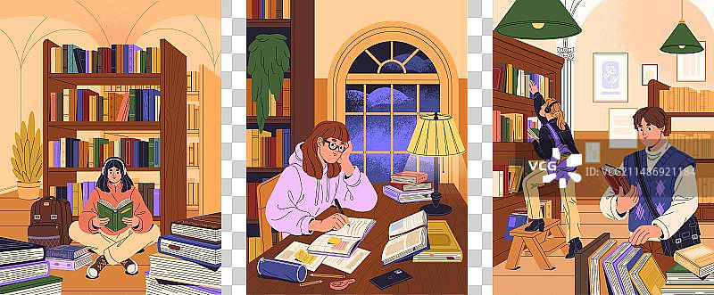 学生在公共图书馆阅读图片素材