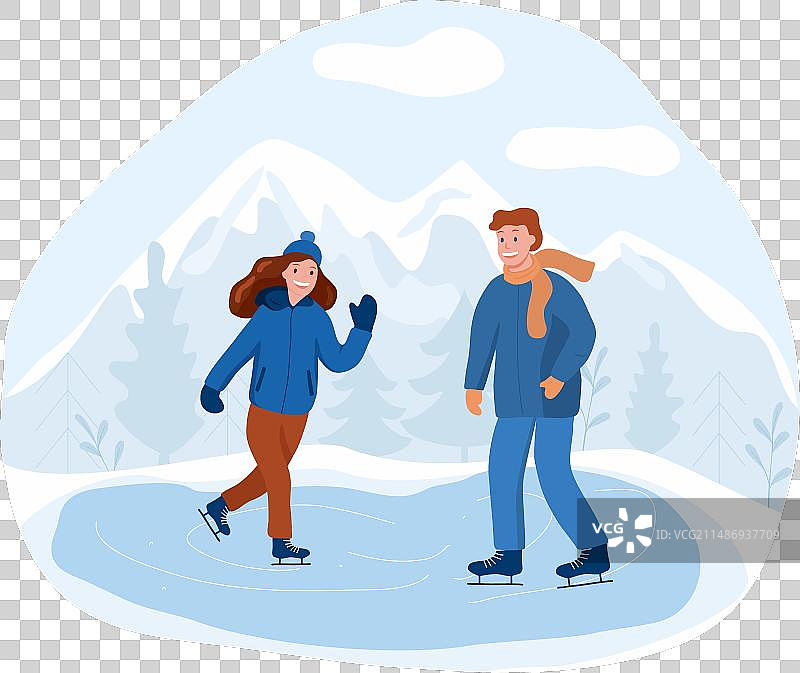 在户外森林滑冰的男孩和女孩图片素材