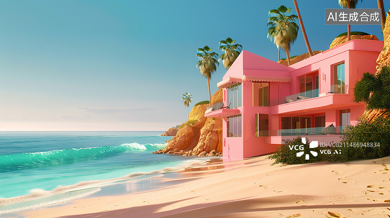 【AI数字艺术】海滩上的小屋图片素材