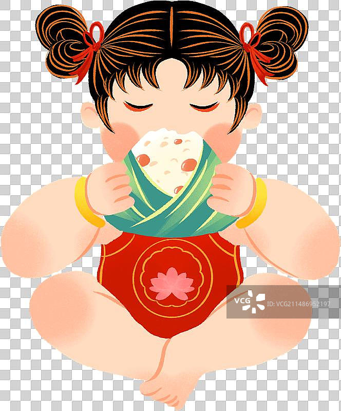 端午节一个可爱的吃粽子的小女孩手绘插画图片素材