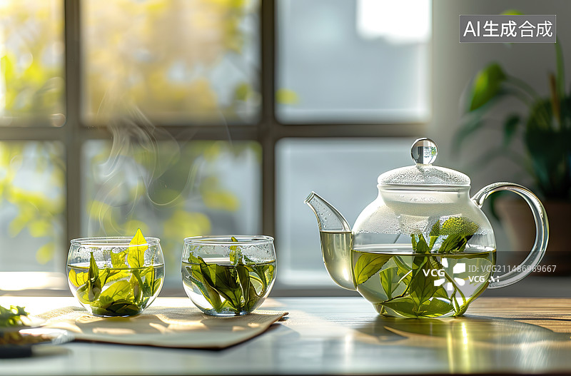 【AI数字艺术】一杯清新的菊花茶和茶壶图片素材