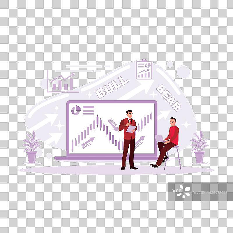 男人在牛和熊的背景上分析股市图片素材