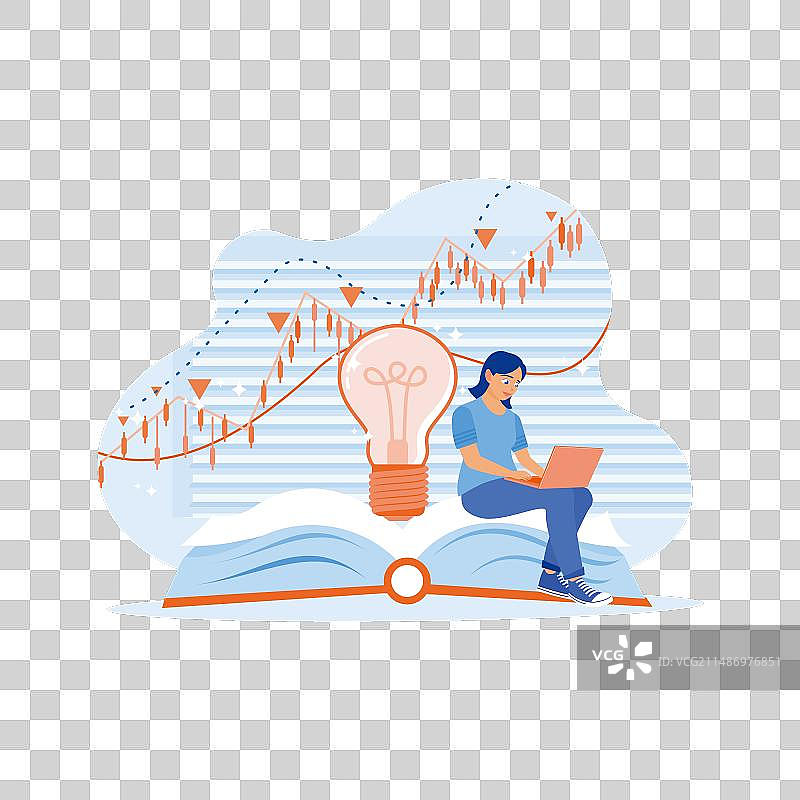 坐在打开的书和灯泡上的商务女人图片素材