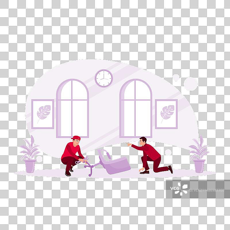 男子请修理工帮忙组装椅子图片素材