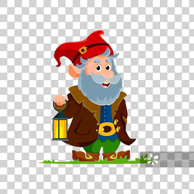 卡通地精或矮人与发光的花园灯笼图片素材