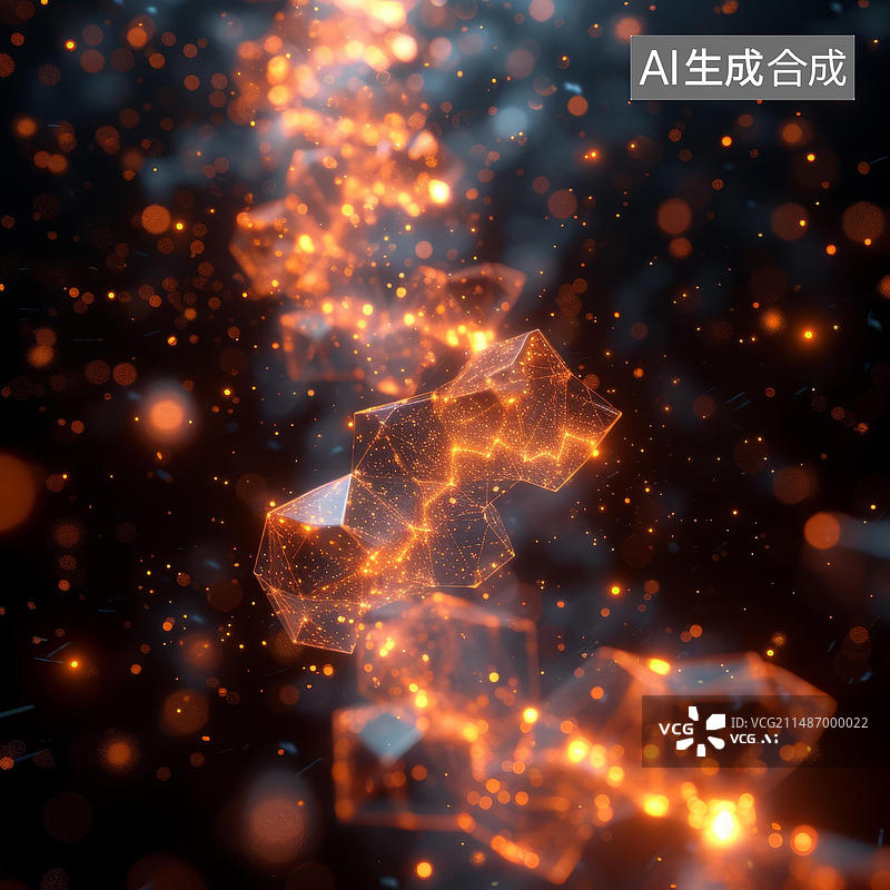 【AI数字艺术】渲染的橙色几何形状与黑暗背景上的神经丛连接图片素材