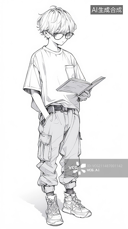 【AI数字艺术】线稿全身像男孩看书图片素材