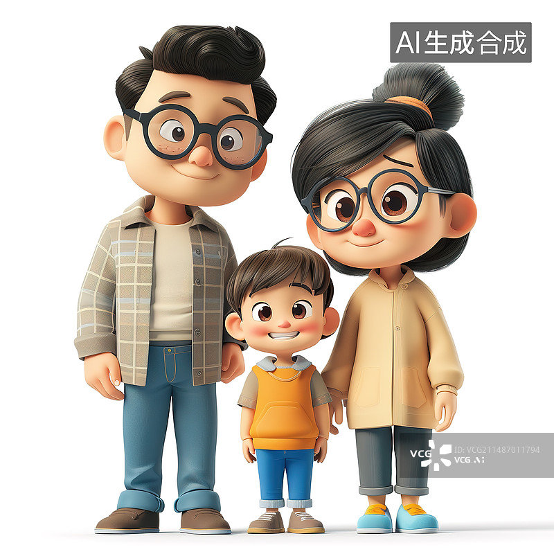 【AI数字艺术】3d渲染一家三口插画图片素材