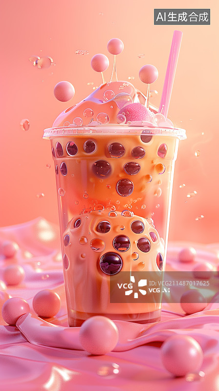 【AI数字艺术】彩色背景下的珍珠奶茶，饮料特写镜头图片素材