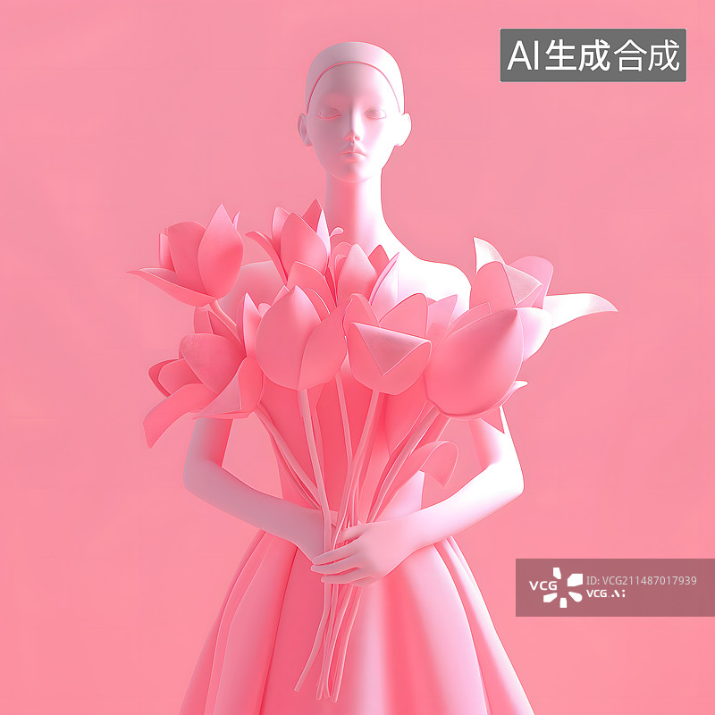 【AI数字艺术】粉白色剪纸风手捧鲜花的3d女性艺术模特图片素材