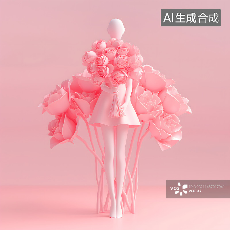 【AI数字艺术】粉白色剪纸风手捧鲜花的3d女性艺术模特图片素材