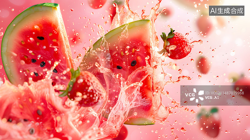 【AI数字艺术】水中的西瓜和草莓，夏天食品概念场景图片素材