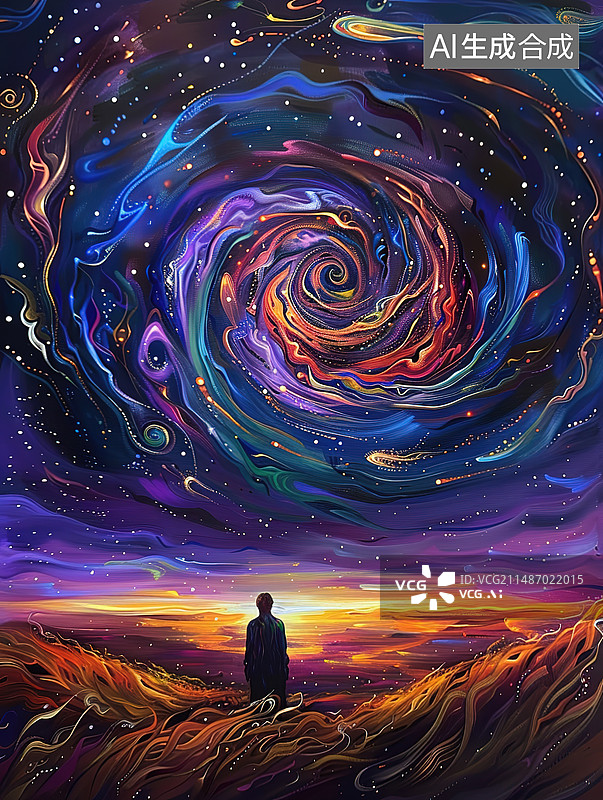 【AI数字艺术】夜幕中站在星空中的人的后视图图片素材