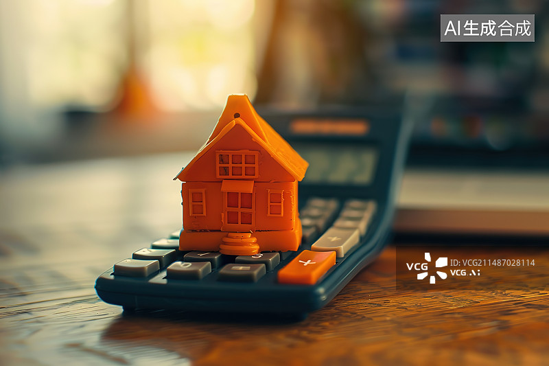 【AI数字艺术】桌子上的模型房子和计算器的特写镜头图片素材