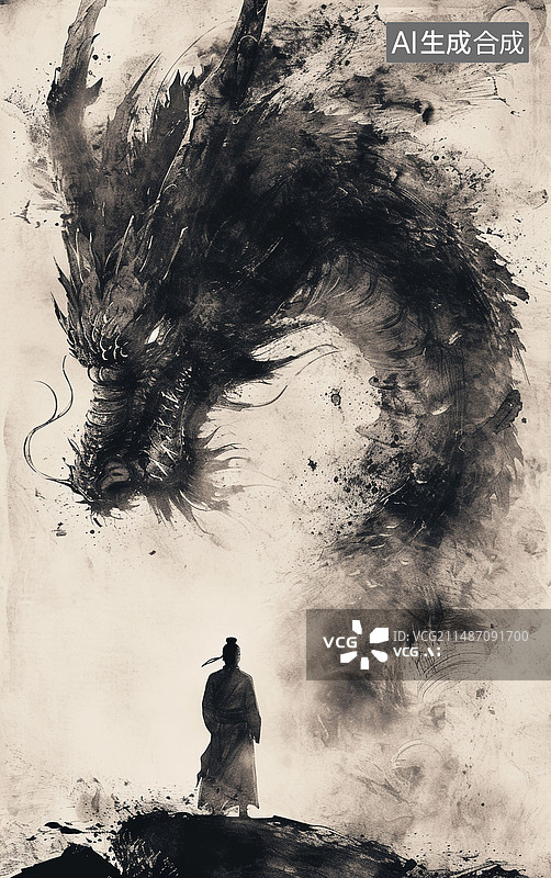 【AI数字艺术】中国风水墨插图中国神龙图片素材