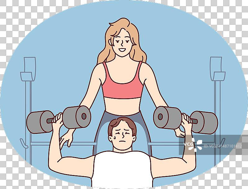 健身房里的女教练帮助男客户图片素材
