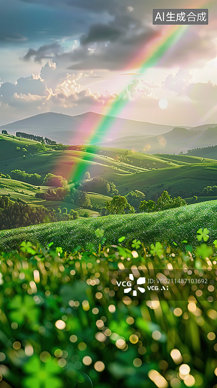 【AI数字艺术】雨后彩虹下的草原图片素材