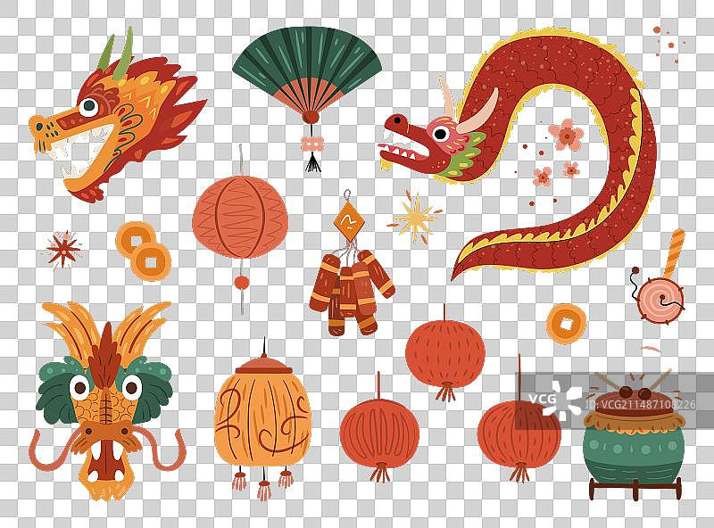 中国新年龙、扇子和灯笼图片素材