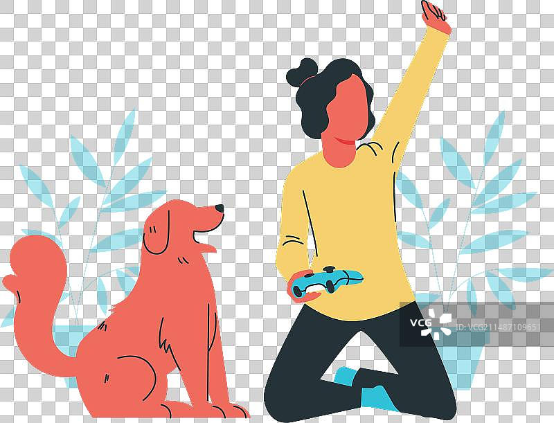 女孩和平面的小狗玩电子游戏图片素材